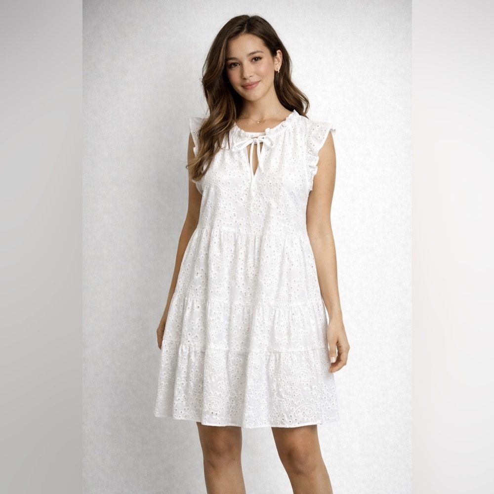 White Eyelet Tiered Sundress Cottagecore Ruffle Sleeve Summer Dress S